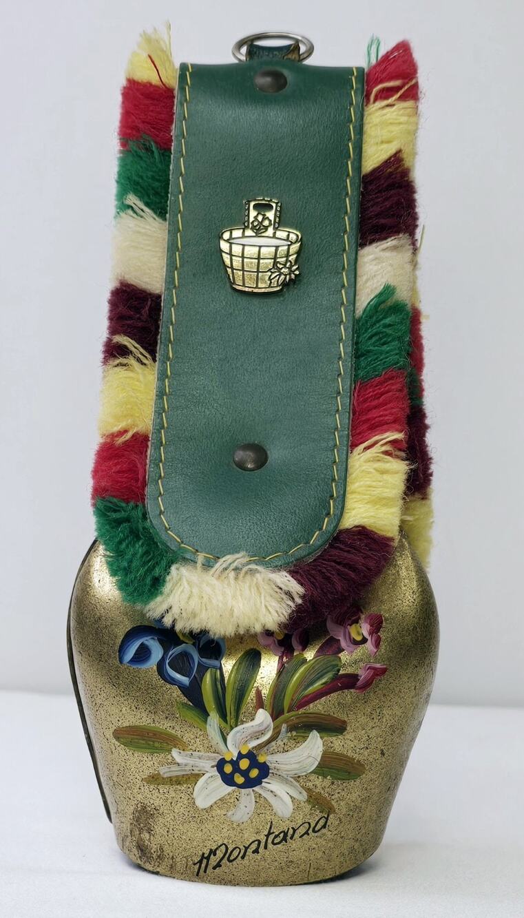 Vintage Swiss Handpainted Cow Brass Bell With Green Leather Strap